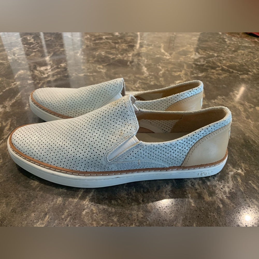UGG Perforated Slip-On Loafers in Light Gray/Silver with Tan Accents